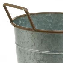 tételeket Vetőgép fogantyúval, fém konténer ültetéshez, cserep ezüst, barna Ø24cm H32,5cm