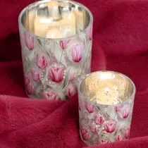 tételeket Dekoratív üveglámpás tulipán mintával tavaszi otthoni dekorációhoz, 8 cm, 4 darab.