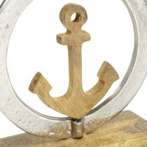 Tengeri dekoráció, fa horgony a gyűrűben, szobor, tengeri nyári dekoráció ezüst, natúr színek H19,5cm