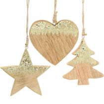 Karácsonyi dekoráció csillag / szív / fa, fa medál, adventi dekoráció H10 / 12,5cm 3db