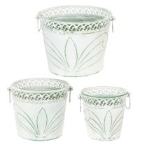 tételeket Dombornyomott fém virágtartó fülekkel, fehér és zöld, shabby chic stílus, M22/19,5/17,5cm, Ø25,5/20,5/15,5cm, 3 db-os szett