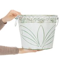 tételeket Dombornyomott fém virágtartó fülekkel, fehér és zöld, shabby chic stílus, M22/19,5/17,5cm, Ø25,5/20,5/15,5cm, 3 db-os szett