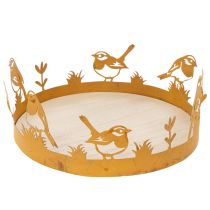 tételeket Dekoratív tálca, asztaldísz madarakkal, tavaszi dekoráció, rozsdás fém, Ø20cm M8.5cm