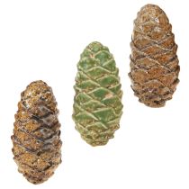 tételeket Dekoratív kerámia fenyőtobozok, vegyes zöld, sárga, barna színben, 8,5 cm, 6 darab
