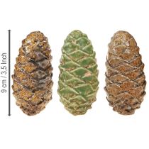tételeket Dekoratív kerámia fenyőtobozok, vegyes zöld, sárga, barna színben, 8,5 cm, 6 darab