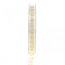 Deco szalag fehér ajándék szalag szív arany glitter 10mm 20m