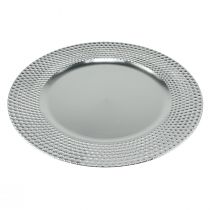 Dekoratív tányér kerek műanyag dísztányér ezüst Ø33cm