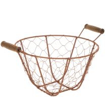 tételeket Vintage kerek drótkosár fa fogantyúkkal, fém kosár, rozsdabarna felület, Ø22cm