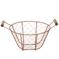 tételeket Vintage kerek drótkosár fa fogantyúkkal, fém kosár, rozsdabarna felület, Ø22cm