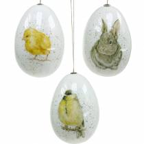 Akasztható húsvéti tojások állati motívumokkal csibe, madár, nyúl fehér, válogatott 3db