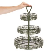 tételeket Fém tálalóállvány, zöld, háromszintes, fenyőfa díszítéssel, kerek, 49cm