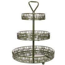 tételeket Fém tálalóállvány, zöld, háromszintes, fenyőfa díszítéssel, kerek, 49cm