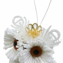 tételeket Dekoratív bagoly koronával, fehér, csillogó 6,5 × 8 cm 6db.