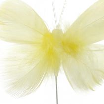 Dísz pillangók dróton, tavaszi díszek, tollpillangók sárga árnyalatokban 6db