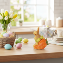 tételeket Dekoratív nyúl sárgarépával, húsvéti nyuszi díszfigurák, 6cm, 3 darab