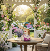 tételeket Virágváza, kalapos nő virágokkal, kaspó dekoráció, beltéri és kültéri használatra, 20cm