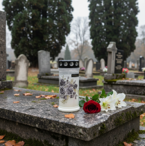 tételeket Fehér sírgyertyák virágmotívumokkal, Ø7,5cm M16,5cm, 6 darab