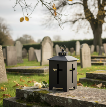 tételeket Lámpás sírvilágítás keresztablakos fém antik szürke 13 x 27 cm