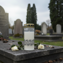 tételeket Sírgyertya fehér rózsák ezüst gyászfény Ø7cm H18cm 77h