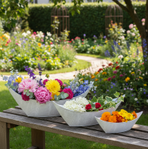 tételeket Növénycserép, hajó alakú, fém, fehér/ezüst, 54,5/48/42 cm, 3 db-os szett