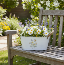 tételeket Dekoratív ovális fémtál, fehér, természetes virágmintával, H26cm