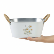 tételeket Dekoratív ovális fémtál, fehér, természetes virágmintával, H26cm