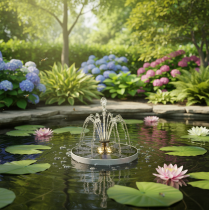tételeket Napelemes szivattyú kerti tavakhoz, úszó, dekoratív vízijáték LED-del, 16 cm