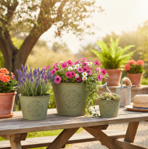 tételeket Fém virágcserép, zöld, vintage, Ø22cm–13,5cm, 3 db-os szett