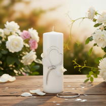 tételeket Ünnepi esküvői gyertya stílusos szív alakú mintával, ezüst díszítésekkel és organza szalaggal – ideális esküvőkre és ezüst házassági évfordulókra, 240/80 mm