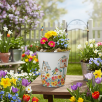 tételeket Bádogcserép madárházakkal, nyári dekoráció, virágtartó, H14.5cm Ø13.5cm