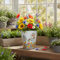 tételeket Fém kaspó motívummal, virágtartó madárházakkal, fémvödör, H13cm Ø11.5cm