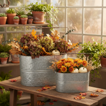 tételeket Kaspó füllel, fém cserép, virágtartó, ezüst, barna, M22/20cm H42/40cm, 2 db-os szett