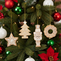 tételeket Karácsonyi díszek, mézeskalács, cukormázas mintás, diótörő, csillag, fa, koszorú, 6 cm, 4 darab