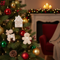 tételeket Karácsonyi díszek, mézeskalács minta, rénszarvas, mézeskalács ember, hópehely, 7 cm, 4 darab