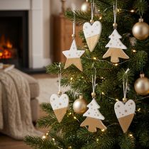 tételeket Karácsonyi díszek, fa csillag, fa, szív, 6 darab, fehér és arany díszes medálok