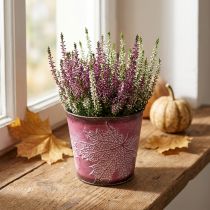 tételeket Dekoratív cserép ültetésre, bádog vödör, fém díszítés levélmintás borvörös Ø14cm H12,5cm