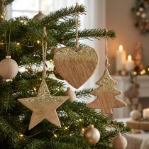 tételeket Karácsonyi dekoráció csillag / szív / fa, fa medál, Adventi dekoráció H10/12,5cm 3db