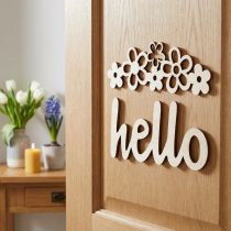 tételeket Fából készült dekorációs virágok "Hello" természet deko tábla mágnessel 18/19,5cm 6db