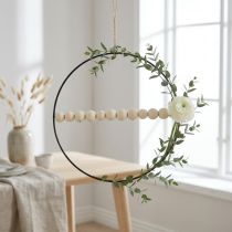 tételeket Díszgyűrű, fém, fa gyöngyök, Ø30cm, fekete, fehér, natúr, 4 db-os készlet