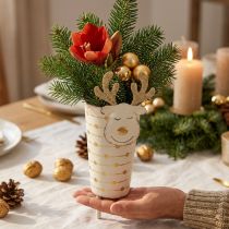 tételeket Rénszarvas cserep, Adventi dekoráció, fém dekoráció, virágtartó karácsonyra fehér, arany H28cm Ø8,5cm