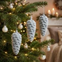 tételeket Fenyőtobozok, szürke színűre bolyhozott, 11,5 cm, 6 darab, díszítéssel