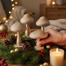 tételeket Dekoratív fa és filc gombák csillámporral, adventi asztaldísz, 11 cm magas, 4 darab