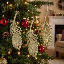 tételeket Dekoratív tollak, fadíszek csillámmal, adventi díszek, akasztható tollak arany L22cm 12db