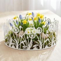 tételeket Dekoratív tálca pitypanggal, fém díszítéssel tavaszi fehérhez, ezüst kopott chic Ø25cm H10,5cm