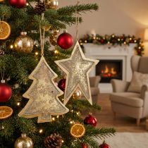 tételeket Fém medálok fenyő és csillag, karácsonyfa díszek, karácsonyi dekoráció arany, antik megjelenés H15,5 / 17cm 4db