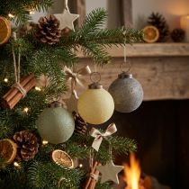 tételeket Karácsonyi gömbdíszek, üveg, bolyhosított, sárga/zöld/szürke, Ø6cm, 3 darab