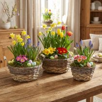 tételeket Shabby Chic fehér virágkosár szett, húsvéti dekorációs natúr kosár fogantyúkkal Ø28/24/19cm, dekoratív kosarak mosott színben
