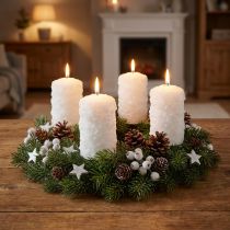 tételeket Adventi gyertyakészlet, hógolyó mintával, fehér – oszlopgyertyák 100/60 mm adventi koszorúhoz és karácsonyi díszekhez, 4 db-os csomag