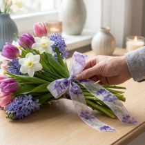 tételeket Organza szalag, sifon szalag, papagáj tulipánok, lila, 40mm, 18m