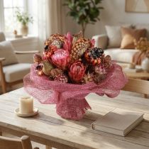 tételeket Szárított virágkeverék: Rózsaszín protea, articsóka, mák, natúr díszítés, 38cm, 580g